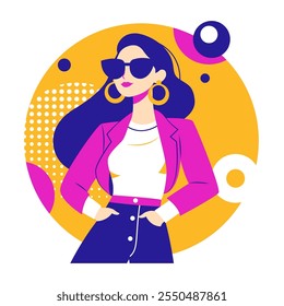 Beautiful Girl Character Wearing Sunglasses Fashion in Retro Style with Memphis Decoration