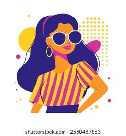 Beautiful Girl Character Wearing Sunglasses Fashion in Retro Style with Memphis Decoration