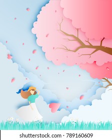 Beautiful girl with cherry blossom tree in the grass field paper art style vector illustration