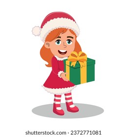 beautiful girl in christmas clothes and hat holding a big gift. Vector illustration.