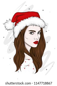 Beautiful girl in a Christmas hat. Vector illustration for a postcard or a poster, print for clothes. New Year and Christmas, fashion and style. Santa Claus.