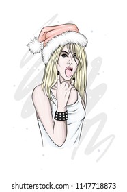 Beautiful girl in a Christmas hat. Vector illustration for a postcard or a poster, print for clothes. New Year and Christmas, fashion and style. Santa Claus.