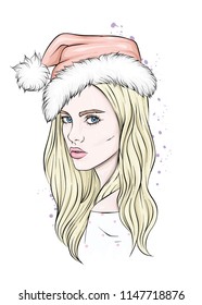 Beautiful girl in a Christmas hat. Vector illustration for a postcard or a poster, print for clothes. New Year and Christmas, fashion and style. Santa Claus.