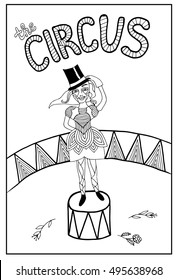 Beautiful girl in circus with flower with text. Mono color black line art element for adult coloring book page design, child magazine, banner, template.