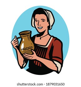 Beautiful girl with clay jug. Retro vector illustration