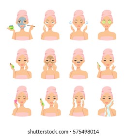 Beautiful girl cleaning and care her face with various actions, facial, treatment, beauty, healthy, hygiene, lifestyle, female vector illustration set  isolated on white background.