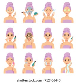 Beautiful girl cleaning and care her face with various actions. Vector illustration set isolated on white background.