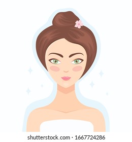 Beautiful girl with clear glowing skin after cosmetic procedures. Good results after applying beauty products and cosmetics. Skin care for the face, eyes and neck. Vector flat illustration