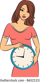 Beautiful girl with clock. Vector