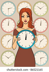 Beautiful girl with clock. Vector