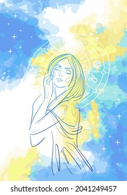 Beautiful girl with closed eyes against the background of astrological zodiac signs. Outline sketch drawing on a watercolor abstract background.