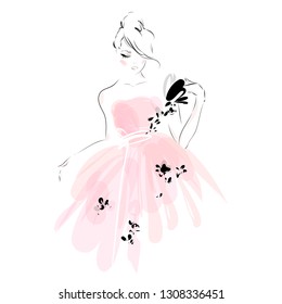 Beautiful girl with closed eyes in pink dress fashion illustration drawing sketch.