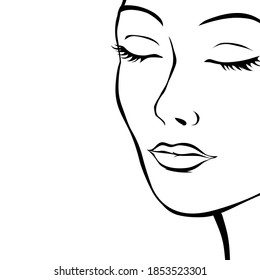 Beautiful girl with closed eyes. Pop art portrait of a woman. Vector black and white illustration for the design of a beauty and fashion salon.