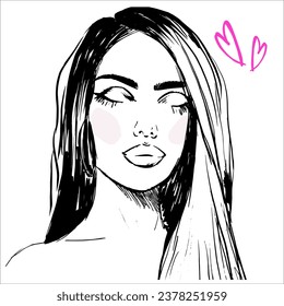 Hermosa chica con los ojos cerrados. Dibujo de la chica.Ilustración de la moda en blanco y negro