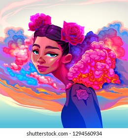 Beautiful girl with clouds and roses in the hair. Vector illustration