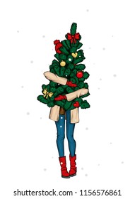 A beautiful girl in a coat and boots is holding a Christmas tree. New Year's and Christmas. Winter and holidays. Vector illustration for a postcard or a poster. Fashion illustration.