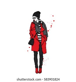 Beautiful girl in a coat with a cap and a scarf. Stylishly dressed woman. Vector fashion illustration.
