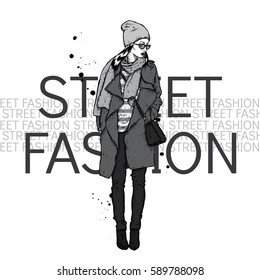 Beautiful girl in a coat with a cap and a scarf. Stylishly dressed woman. Vector fashion illustration.