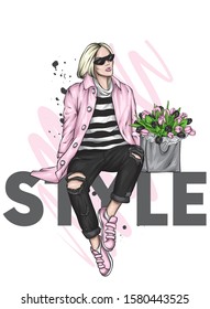 Beautiful girl in a coat and pants with a bouquet of tulips. Fashion and style, clothes and accessories. Flowers and spring. Woman with long hair. Vector illustration for a card or poster.