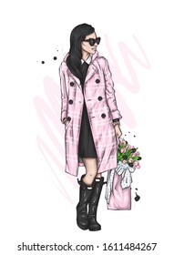Beautiful girl in a coat and pants with a bouquet of tulips. Fashion and style, clothes and accessories. Flowers and spring. Woman with long hair. Vector illustration for a card or poster.