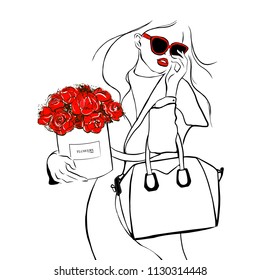 Beautiful girl in coat, in red sunglasses with bouquet of roses, peonies and bag shopper. Women's fashion and box flowers. Fashion woman sketch. Sketch. Vector illustration. Fashion, style, beauty