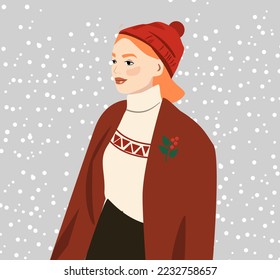 Hermosa chica con abrigo, suéter y sombrero rojo. Elegante vestimenta para el invierno. Suéter de Año Nuevo con huellas de rojo brillante. La mujer está en el fondo de la primera nieve. Caminar en invierno