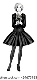 A beautiful girl in a cocktail dress is holding a beautiful bouquet of white daisies in her hands. Black and white vintage engraving, stylized drawing. Vector illustration