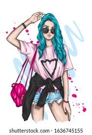 Beautiful girl with colored hair in a t-shirt, shorts and sunglasses. Fashion and style, clothes and accessories. Vector illustration for a card or poster. Hipster.