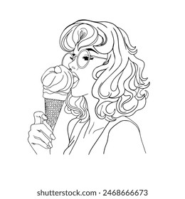 A beautiful girl with colorful hair eats ice cream. Stylish summer illustration. Isolated vector