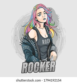 beautiful girl with colorful hair like unicorn or rainbow hair dress up rock n roll in spiked leather jacket. editable layers artwork vector