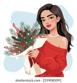 A beautiful girl in a comfortable sweater holds in her hands a large bouquet of spruce branches wrapped in a festive garland. Vector. No artificial intelligence was used to create the illustration.