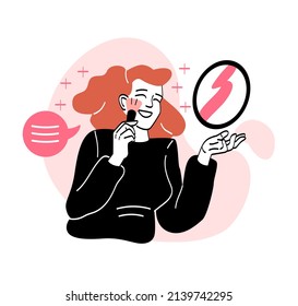 Beautiful girl concept. Cute young woman holds small mirror and applies makeup with special brush. Cosmetic product. Daily beauty routine. Cartoon modern flat vector illustration in doodle style