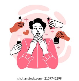 Beautiful girl concept. Cute young woman looks at cosmetic products and selects suitable bottles. Cream, lotion or serum. Daily Beauty routine. Cartoon flat vector illustration in doodle style