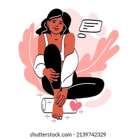 Beautiful girl concept. Cute young woman in stylish clothes takes care of skin of her feet and shows new pedicure. Nail polish on legs. Beauty routine. Cartoon flat vector illustration in doodle style