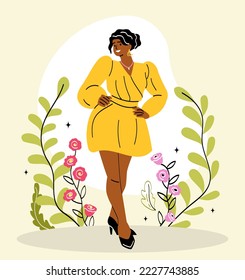 Beautiful girl concept. Woman in yellow cloak against background of flowers. Beauty, elegance and aesthetics. Model for magazines. Poster or banner for website. Cartoon flat vector illustration