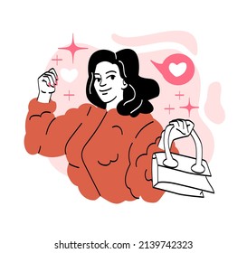 Beautiful girl concept. Young stylish woman with bag in her hands shows her new manicure. Hand care and nail polish application. Beauty routine. Cartoon flat vector illustration in doodle style