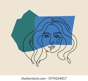 Beautiful girl. Contemporary portrait. Continuous line drawing. Vector hand drawn artwork, cutout. Creative freehand style. Trendy vintage poster. Spa salon logo label. Blue, green, black bright color