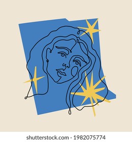 Beautiful girl. Contemporary portrait. Continuous line drawing. Vector hand drawn artwork, cutout. Creative vogue style. Trendy vintage poster. Spa salon logo. Blue, yellow, black, beige bright color