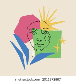 Beautiful girl. Contemporary portrait. Continuous line drawing. Vector hand drawn cutout. Creative freehand style. Vintage poster. Spa salon logo label. Blue, pink, beige, green, yellow bright color