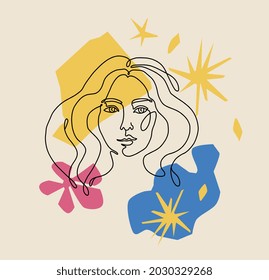 Beautiful girl. Contemporary portrait. Continuous line drawing. Vector hand drawn cutout. Creative freehand style. Vintage poster. Spa salon logo label. Blue, pink, beige, green, yellow bright color