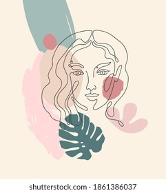 Beautiful girl. Continuous line drawing. Vector hand drawn artwork. Creative freehand style. Hugge home, house decor. Trendy 50s, 60s retro vintage. Spa salon logo. Beige, black, pink, green red color