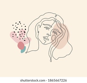 Beautiful girl. Continuous line drawing. Vector hand drawn artwork. Creative freehand style. Hugge home, house decor. Trendy 50s, 60s retro, vintage. Print, poster. Beige, black, pink, green color