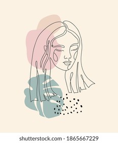 Beautiful girl. Continuous line drawing. Vector hand drawn artwork. Creative freehand style. Hugge home, house decor. Trendy 50s, 60s retro, vintage. Print, poster. Beige, black, pink, green color