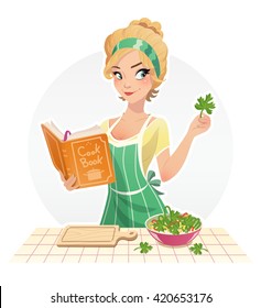 Beautiful girl cook food with cookbook vector illustration isolated white background housewife cooking in kithen woman meal