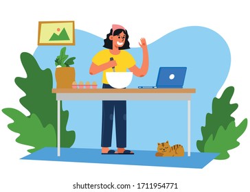 Beautiful girl is cooking from online lesson. Beautiful girls use laptops to see how to cook food in their free time.