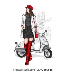 Beautiful girl and a cool motorcycle. Biker. Stylish woman. Fashion and style, clothes and accessories. Vector illustration for a card or poster.