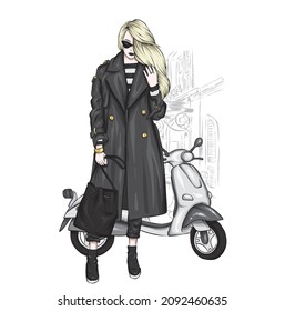 Beautiful girl and a cool motorcycle. Biker. Stylish woman. Fashion and style, clothes and accessories. Vector illustration for a card or poster.