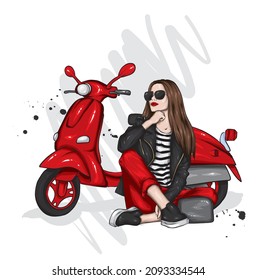Beautiful girl and a cool motorcycle. Biker. Stylish woman. Fashion and style, clothes and accessories. Vector illustration for a card or poster.