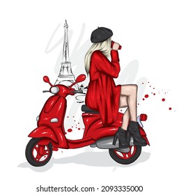 Beautiful girl and a cool motorcycle. Biker. Stylish woman. Fashion and style, clothes and accessories. Vector illustration for a card or poster.