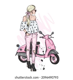 Beautiful girl and a cool motorcycle. Biker. Stylish woman. Fashion and style, clothes and accessories. Vector illustration for a card or poster. 